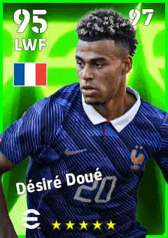 Desire Doue eFootball 2026 player card — 95 OVR LWF