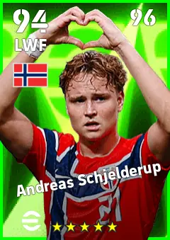 Andreas Schjelderup eFootball 2026 player card — 94 OVR LWF