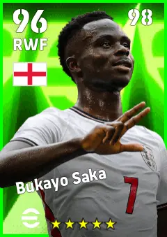 Bukayo Saka eFootball 2026 player card — 96 OVR RWF