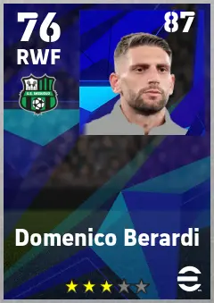Domenico Berardi eFootball 2026 player card — 76 OVR RWF