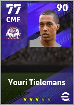 Youri Tielemans eFootball 2026 player card — 77 OVR CMF