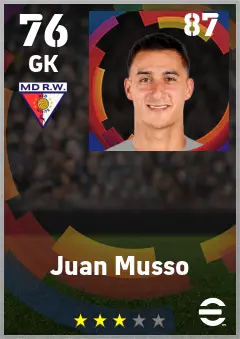Juan Musso eFootball 2026 player card — 76 OVR GK
