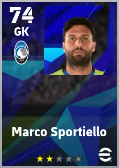 Marco Sportiello eFootball 2026 player card — 74 OVR GK