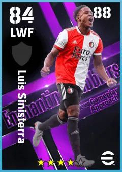 Luis Sinisterra eFootball 2026 player card — 84 OVR LWF