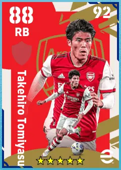 Takehiro Tomiyasu eFootball 2026 player card — 88 OVR RB