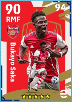 Bukayo Saka eFootball 2026 player card — 90 OVR RMF