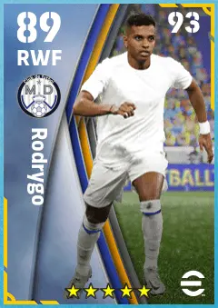 Rodrygo eFootball 2026 player card — 89 OVR RWF
