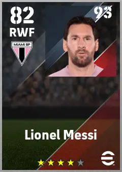 Lionel Messi eFootball 2026 player card — 82 OVR RWF