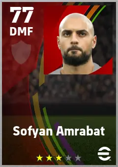 Sofyan Amrabat eFootball 2026 player card — 77 OVR DMF