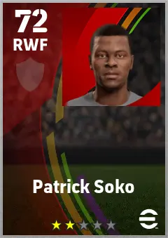 Patrick Soko eFootball 2026 player card — 72 OVR RWF