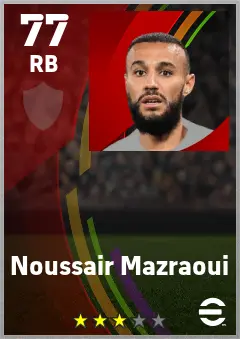Noussair Mazraoui eFootball 2026 player card — 77 OVR RB