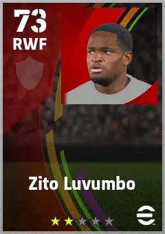 Zito Luvumbo eFootball 2026 player card — 73 OVR RWF