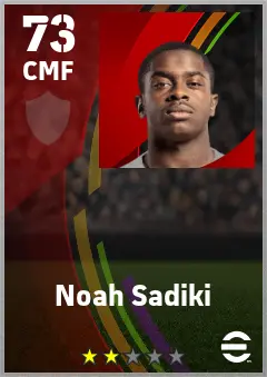 Noah Sadiki eFootball 2026 player card — 73 OVR CMF