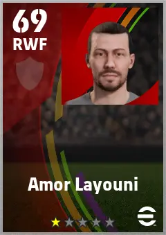 Amor Layouni eFootball 2026 player card — 69 OVR RWF