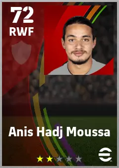 Anis Hadj Moussa eFootball 2026 player card — 72 OVR RWF