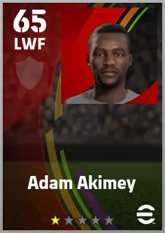 Adam Akimey eFootball 2026 player card — 65 OVR LWF
