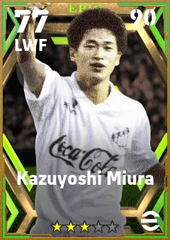 Kazuyoshi Miura eFootball 2026 player card — 77 OVR LWF