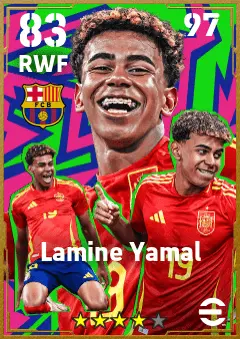 Lamine Yamal eFootball 2026 player card — 83 OVR RWF