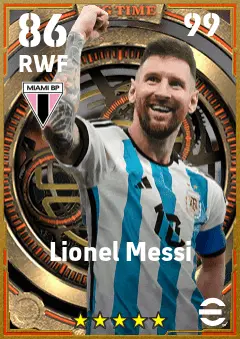 Lionel Messi eFootball 2026 player card — 86 OVR RWF