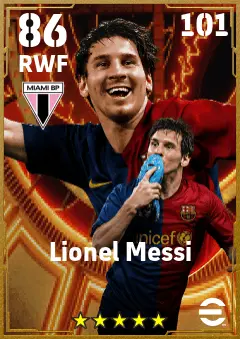 Lionel Messi eFootball 2026 player card — 86 OVR RWF
