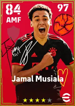 Jamal Musiala eFootball 2026 player card — 84 OVR AMF