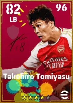 Takehiro Tomiyasu eFootball 2026 player card — 82 OVR LB