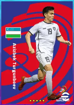 Azizbek Turgunboev eFootball 2026 player card, 76 OVR RWF
