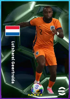Lutsharel Geertruida eFootball 2026 player card, 82 OVR RB