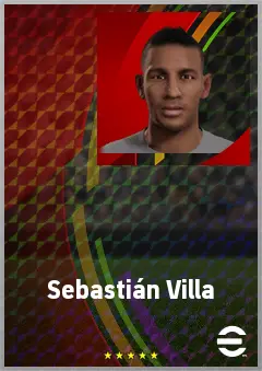 Sebastián Villa eFootball 2026 player card, 77 OVR LWF