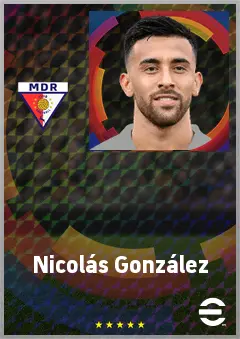 Nicolás González eFootball 2026 player card, 77 OVR RWF