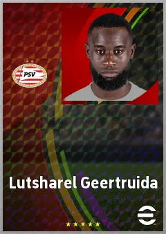 Lutsharel Geertruida eFootball 2026 player card, 76 OVR RB
