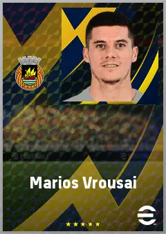Marios Vrousai eFootball 2026 player card, 73 OVR RWF