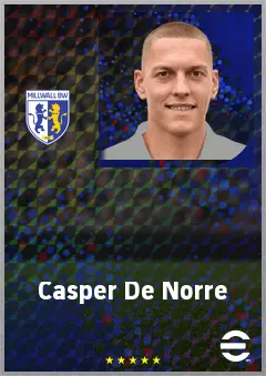 Casper De Norre eFootball 2026 player card, 72 OVR CMF