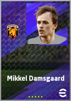 Mikkel Damsgaard eFootball 2026 player card, 77 OVR AMF