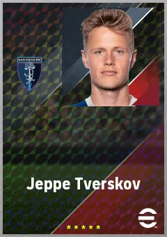 Jeppe Tverskov eFootball 2026 player card, 73 OVR DMF