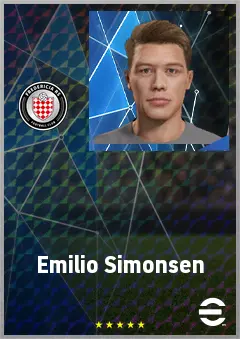 Emilio Simonsen eFootball 2026 player card, 65 OVR AMF