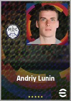 Andriy Lunin eFootball 2026 player card, 77 OVR GK