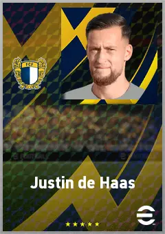 Justin de Haas eFootball 2026 player card, 75 OVR CB