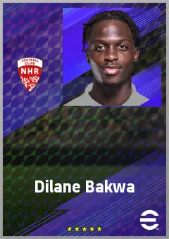 Dilane Bakwa eFootball 2026 player card, 74 OVR RWF