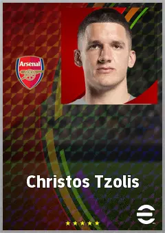 Christos Tzolis eFootball 2026 player card, 77 OVR LWF