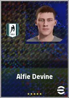 Alfie Devine eFootball 2026 player card, 70 OVR AMF