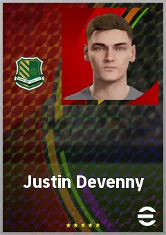 Justin Devenny eFootball 2026 player card, 70 OVR CMF