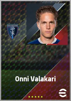 Onni Valakari eFootball 2026 player card, 74 OVR AMF