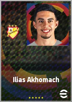 Ilias Akhomach eFootball 2026 player card, 73 OVR RWF