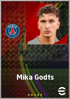 Mika Godts eFootball 2026 player card, 76 OVR LWF