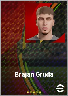 Brajan Gruda eFootball 2026 player card, 74 OVR AMF
