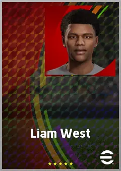 Liam West eFootball 2026 player card, 62 OVR RWF