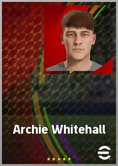 Archie Whitehall eFootball 2026 player card, 66 OVR CMF