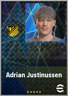 Adrian Justinussen eFootball 2026 player card, 69 OVR CF