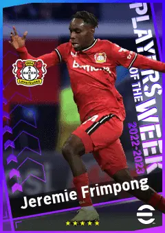 Jeremie Frimpong eFootball 2026 player card, 90 OVR RMF